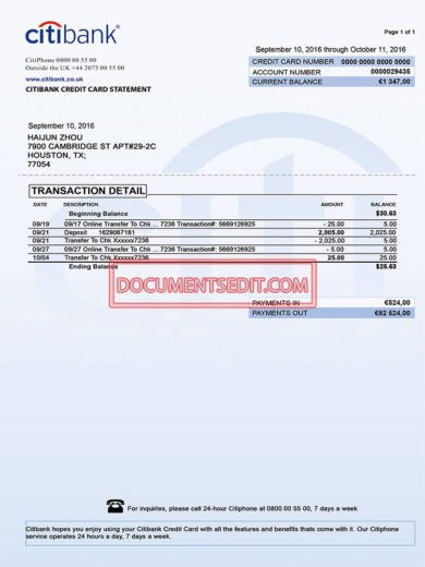 Citi Bank Bank Statement PSD Template 1